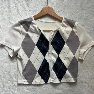Preppy Sweater Vest Printed Button-Up Crop Top